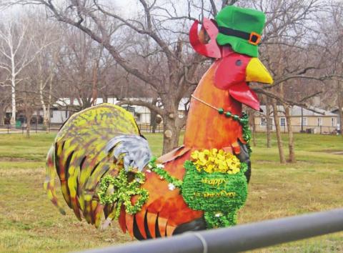Dublin has started getting dressed up for the St. Patrick’s Celebration March 11-12 and even this metal rooster at the corner of Highland Avenue and Blackjack is getting into the excitment. Paul Gaudette | Citizen staff photo