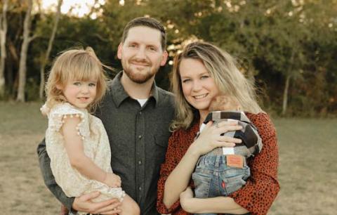 Logan Morton, a 2009 Dublin High graduate, with his wife, Emily, and their children Violet and John.