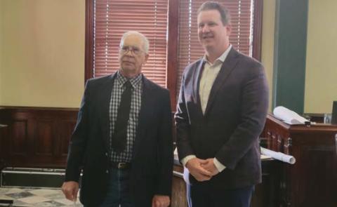 Dublin historian and resident Ben Pate is congratulated by County Judge Brandon Huckabee on being appointed to the Erath County Historical Commission. Wyndi Veigel | Citizen staff photo