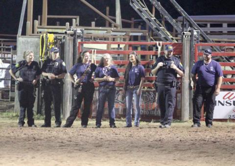 Local first responders are honored as part of Saturday night’s rodeo courtesy of Byrn Rodeo Productions. Many volunteer firefighters were unable to attend due to an active fire weekend.