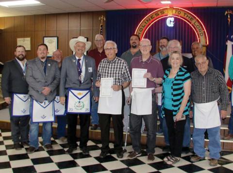Stephenville Masonic Lodge No. 267 recently presented Brad Chilton and Dee White with 50 year service pins. Both men joined the Masonic Lodge organization only a few months away from each other in 1975. The men were recognized with a special barbecue dinner and memories shared by visitors. Wyndi Veigel-Gaudette | Citizen staff photo