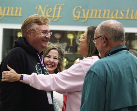 Dublin ISD Superintendent Melissa Summers exchanges a hug and well-wishes to long time ag teacher Darren Price who is now retired. Paul Gaudette | Citizen staff photo