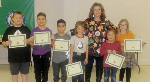 Lion Leaders for December Brody Damerau and Mariana Uribe (Pre-K), Alex Sanchez and Joselin Sanchez (Kindergarten), Charlie Leatherwood and Noe Vargas (First Grade), Arely Cerda and Angel Sanchez (Second Grade) and Jordan Gregory and Alexandra Lamkin (Third Grade). Presented by Principal Brandy Carr.