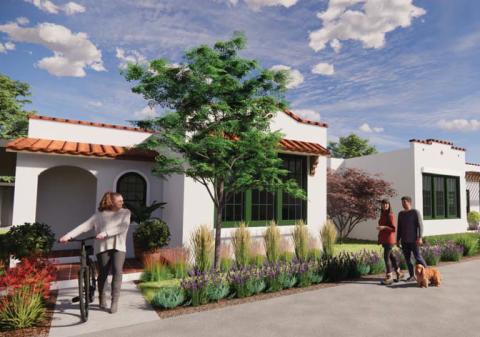 A rendering showcases a new 350 rental home project recently approved through a zoning change by the Stephenville City Council. The project includes Spanish Revival-style architecture. Courtesy Architexas