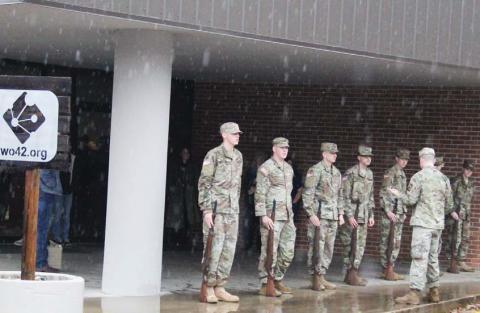The Tarleton State University Corps of Cadet Color Guard stands at attention in pouring rain on Veterans Day, Friday, Nov. 11 in preparation of a rifle salute. For more Veterans Day photos see page B6. Paul Gaudette | Citizen staff photo