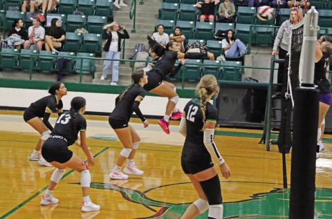 Dublin Lady Lion Ingrid Hernandez springs up to return the ball to Early during a Sept. 30 home game in the Neff gym while teammates stand at the ready. Paul Gaudette | Citizen staff photo