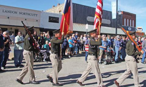 Hundreds turned out for the annual Veterans Day Ceremony hosted by American Legion Post No. 240 – Turnbow-Higgs at the Erath County Courthouse square Monday, Nov. 11. The Texan Corps of Cadets and ROTC Color Guard from Tarleton State University proudly participated in the ceremony by posting the colors and a rifle salute. For more photos of the events, see the Dublin Citizen Facebook page. Wyndi Veigel-Gaudette | Citizen staff photo